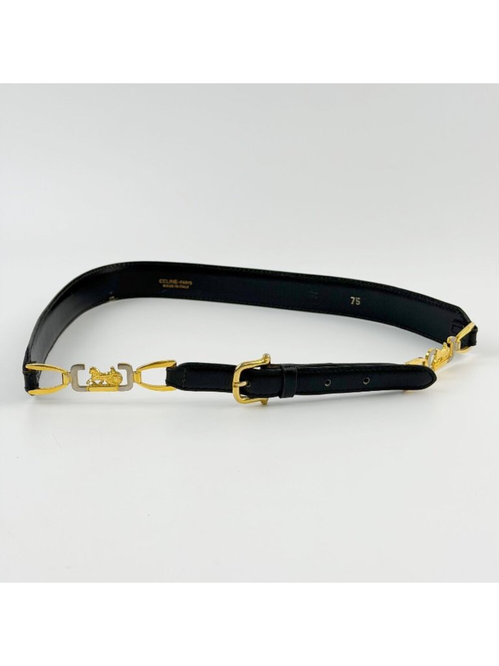 Celine Horse Carriage Chain Narrow Belt Leather Black Gold Vintage